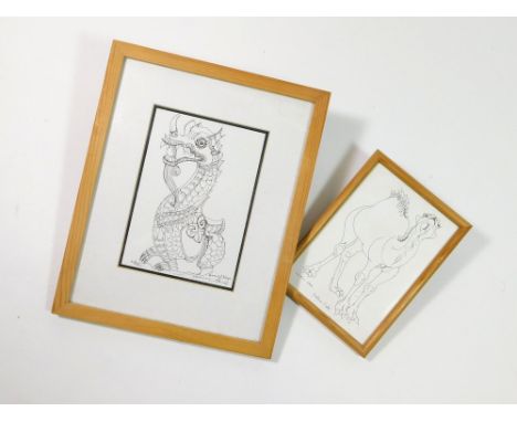 BARBARA TRIBE. 'Mythical Serpent. Thailand'. Line drawing, signed & titled to the front, 'Head of Naga, ceramic finial'. Titl