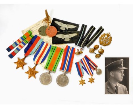 WWII RAF MEDALS, BADGES ETC. A group of four WWII medals & three miniatures awarded to Pilot Officer VR 1051756 R. G. Jones: 