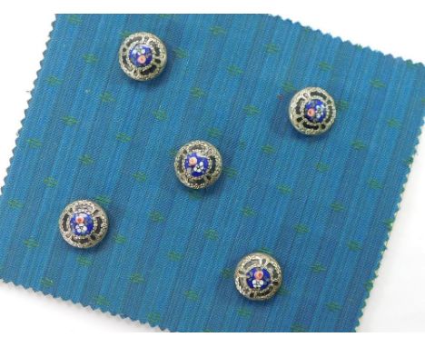 BUTTONS. A set of five white metal, two-part buttons with enamelled decoration. Each diameter, 2.8cm Condition Report: Good t