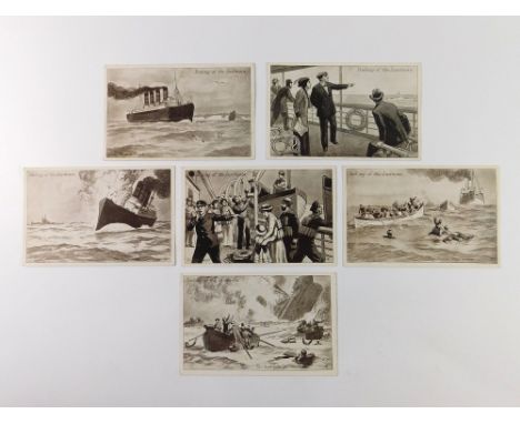 LUSITANIA SINKING POSTCARD SET. Complete set of six illustrated postcards, the 'Sinking of the Lusitania', torpedoed by a Ger