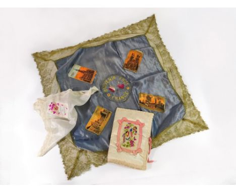 WWI SOUVENIRS. Three WWI souvenirs: a laced edge, silk square with applied silk town views & embroidered 'Souvenir From Franc
