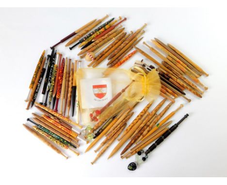 LACE BOBBINS. A variety of lace bobbins, to include: 19th century wooden, 'mottled' Honiton lace bobbins (25); hand decorated