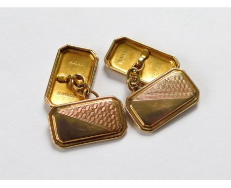 GOLD CUFFLINKS. A pair of 9ct. gold, engine turned cufflinks. Birmingham 1984. Approx. 2.9g. Condition Report: Very good.  Pl