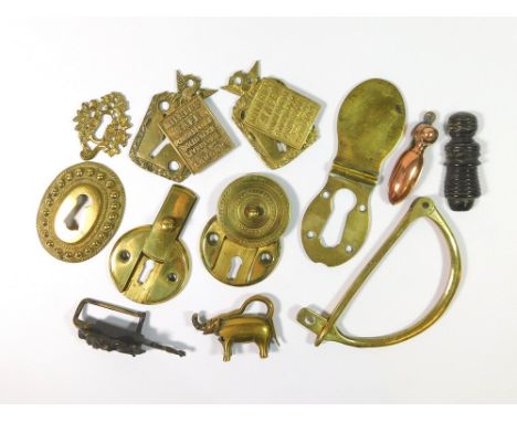 LOCK PLATES ETC. Nine various brass, copper & wooden lock plates, including two safe lock plates. Also, three unusual padlock
