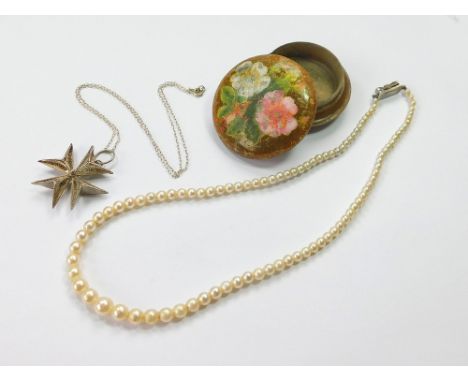 CULTURED PEARLS ETC. A single strand of cultured pearls with sterling silver & marcasite clasp, a filigree Maltese cross & ch