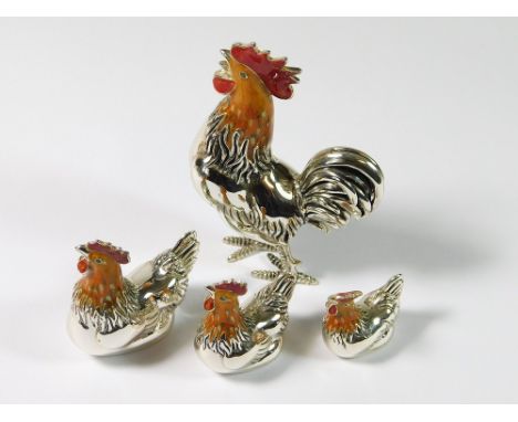 POULTRY MODELS. A set of four silver & enamelled miniature models of poultry, including a crowing Rooster. Hallmarked for Mar