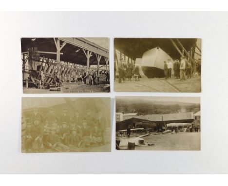 PORTHLEVEN REAL PHOTOGRAPH POSTCARDS. Three early 19th century real photograph postcards & a printed card of Porthleven boat 