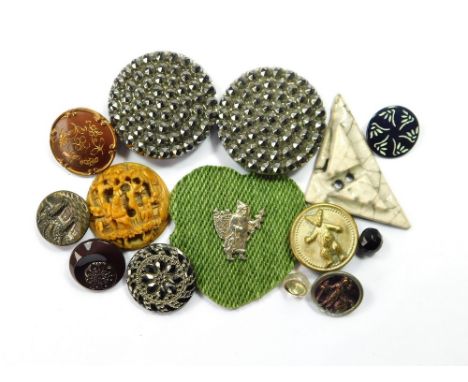 BUTTONS. Buttons in various materials, including Raku pottery, Chinese carved bone (no shank) lustred glass, 'silver' Father 