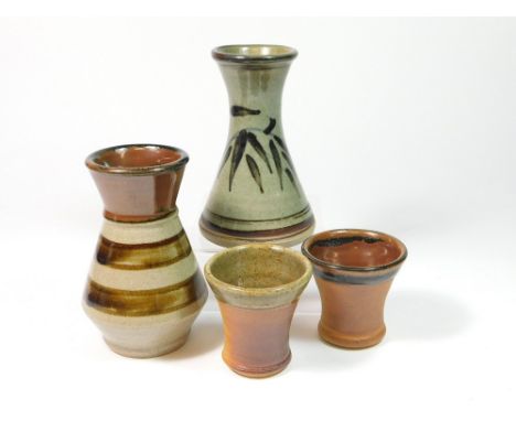 JOHN & SIMON LEACH ETC. Two Mulcheney Pottery sake cups (Pottery marks), an unmarked, possibly Japanese sake bottle with band