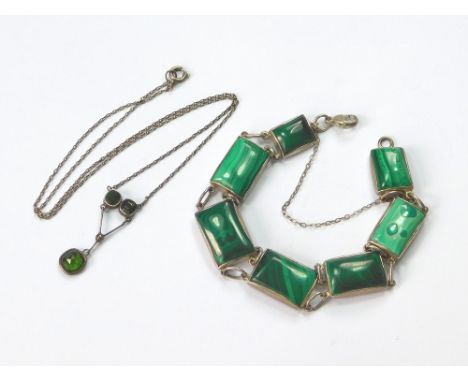 MALACHITE ETC. A silver bracelet set with malachite & a dark green paste-set vintage necklace. Condition Report: Good.  Pleas