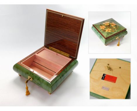 MUSICAL JEWELLERY BOX. An Italian marquetry jewellery box, fitted with Swiss musical movement playing, 'When I Fall In Love',