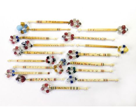 LACE BOBBINS. Seventeen 19th century turned bone lace bobbins, all featuring girls names, including Mary, Hannah, Leah, Marth