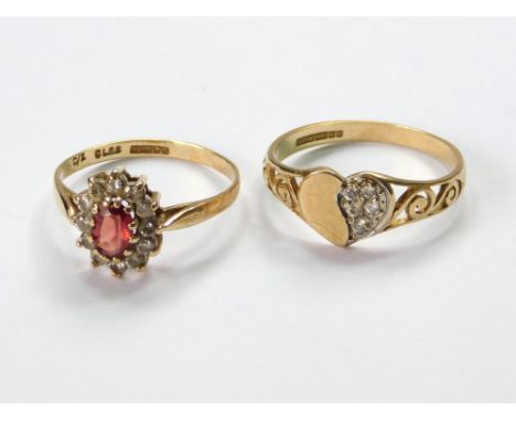 GOLD RINGS. A 9ct. gold, citrine & CZ cluster ring & a 9ct. gold diamond-set cluster ring. Sizes M & N. Approx. 3.3g. Conditi