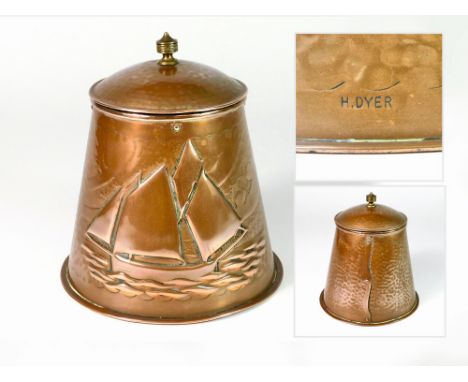 HERBERT DYER. A Herbert Dyer, Mousehole copper caddy, embossed with a Cornish lugger. Stamped, H. DYER. Height 15cm. Base dia