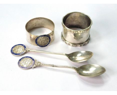 NAPKIN RINGS ETC. A silver & enamelled Sandown, Isle of Wight Bowling Club napkin ring & two matching teaspoons, Birmingham 1