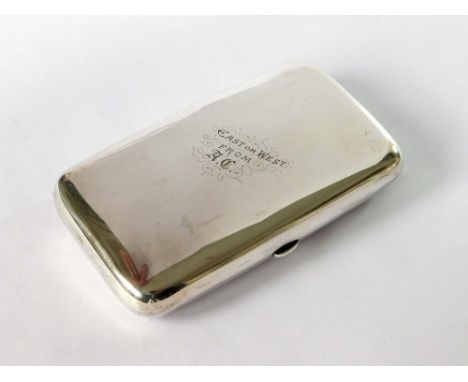 CIGAR CASE. A Victorian silver cigar case, the front inscribed 'East or West, From A.C.', Chester 1896. 12.3 x 7.5cm. Approx.