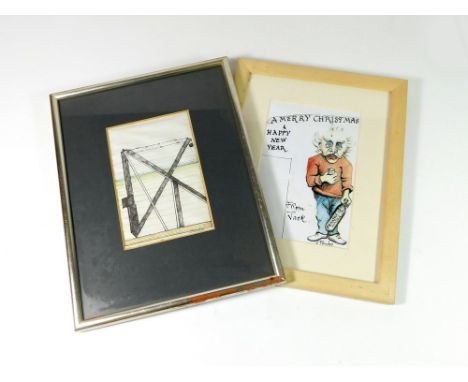 JACK PENDER. A printed Christmas card, featuring a self portrait, signed personally, 'From Jack'. 18 x 11.5cm. Also, a print 