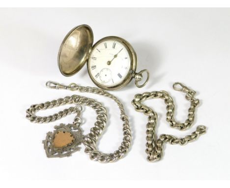 POCKET WATCH & CHAINS. A 19th century, full hunter, silver cased, keywind pocket watch. Case stamped for London 1867. Also, a