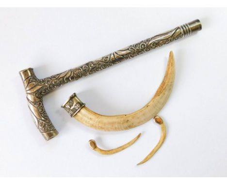 PARASOL HANDLE ETC. A silver-mounted wooden parasol handle. Birmingham 1911. (A little loss on cartouche). Also, a boar's tus