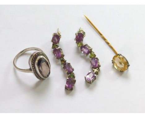 DRESS RING ETC. A silver, marcasite & smoky quartz dress ring, a pair of amethyst & peridot drop earrings (4cm long) & a citr