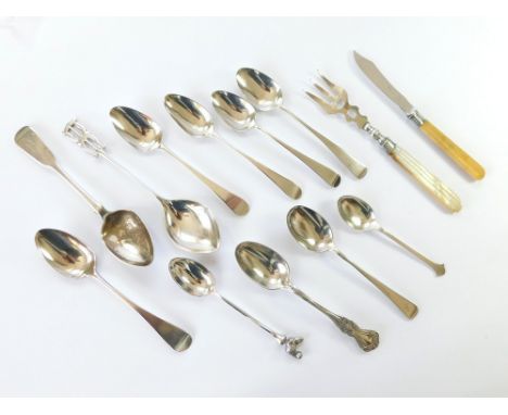 FLATWARE. Various silver teaspoons, mostly Georgian & Victorian etc. Also, a butter knife with silver blade & a Victorian mot