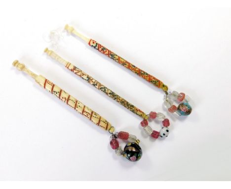 LACE BOBBINS. Three 19th century turned bone lace bobbins, each with a spiral message: 'I Like My Choice To Will To Change'; 