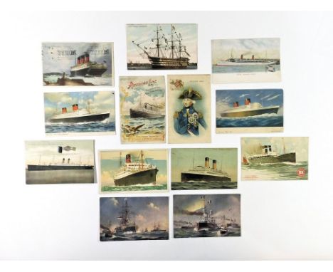 LINERS & NAVAL. Thirteen early 20th century & later postcards of liners & naval ships. Includes an American Line promotional 