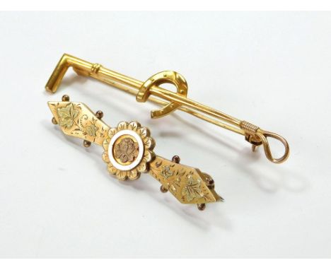 BAR BROOCHES. A 9ct. gold, triple-colour, late Victorian bar brooch. Chester 1890. Also, a rolled gold stock pin. Condition R