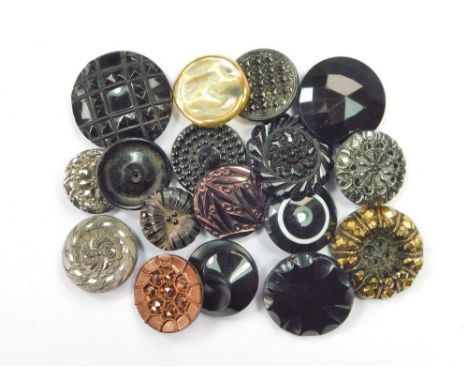BUTTONS ETC. Various moulded glass buttons, including silver & bronze lustre. Largest, 3.2cm. Also, two decorative hatpin fin