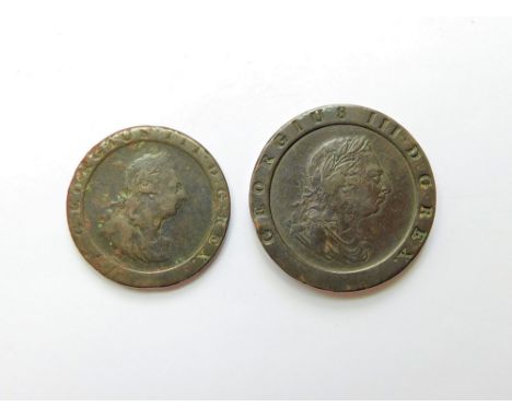 GEORGE III CARTWHEEL COINS. A George III 'cartwheel' twopence (VF) & a penny (F). Provenance; the Martin Matthews Collections