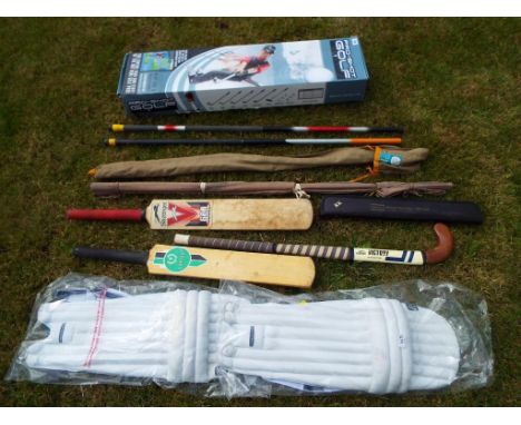 A good lot to include a Pro Shot golf game, a pair of cricket pads, 2 cricket bats, hockey stick, 2 fishing rods and a Shakes