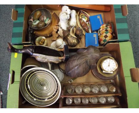 A good mixed lot to include a quantity of ceramics, two wooden racks containing glass jars, a quantity of brassware, chess pi