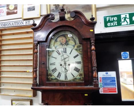 A mid-19th century white dial longcase clock, the 34 cm diameter dial having rural scenes to the corners and rolling moon fea