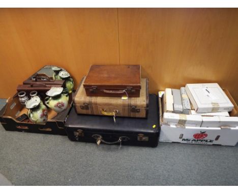 A good mixed lot to include three vintage suitcases, a leather satchel, a vintage camera and tape measure, two ceramic vases 