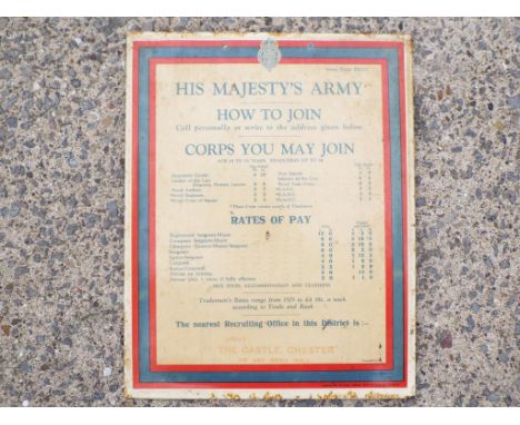 An original tin sign 'His Majesty's Army, How to Join' indicating Corps you may join and rates of pay, Army form B2537, origi