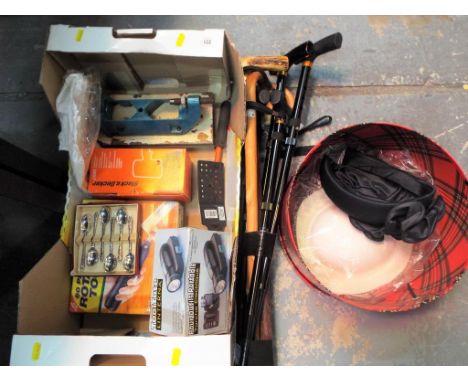 A good mixed lot to include hand tools, plated flatware, a quantity of walking sticks and canes, a good quality hat box conta