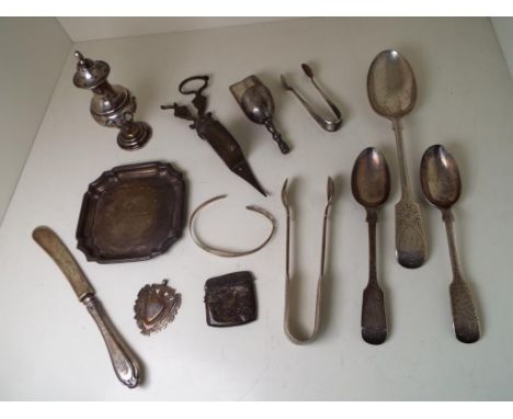 A collection of hallmarked silver flatware, a square trinket dish, a vesta, cruet, bangle, fob and similar - included in the 