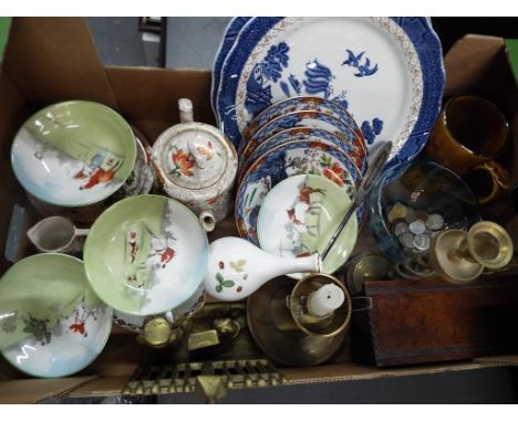 A good mixed lot to include four Royal Doulton dishes depicting hunting scenes, Asian style tea set, brass ware, a small quan