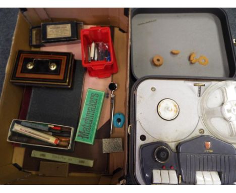 A good lot to include a Phillips reel to reel player, a quantity of stationary and drawing equipment, 9 penknives and a vinta