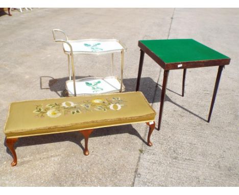 A folding card table, a tea trolley and a good quality upholstered stool with embroidered top (3)