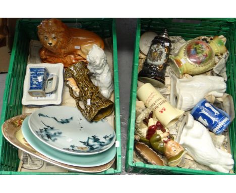 Two crates of china to include: Staffordshire seated Spaniels, German beer stein, Tony Wood toby jug, Sylvac vase, lion model