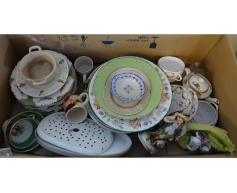 Box of china to include: Royal Worcester 'Foxglove' cups and saucers, miniature teapot, various 19th Century, Adam's 'The Bir