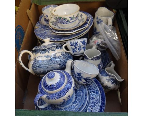 Box of mostly blue and white china to include: two Meissen 'Blue Onion' design teacups (one a second, both with blue crossed 