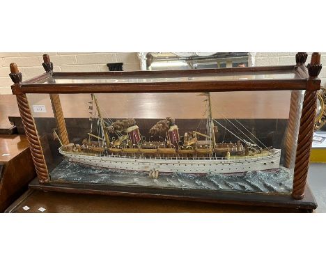 Early 20th Century naive cased ship model of the twin funnel steam passenger vessel Lugania, contained in an all round glazed