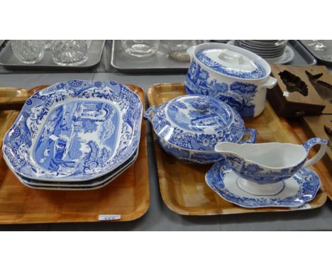 Two trays of blue and white transfer printed Copeland Spode 'Italian' and 'Alonite' design china to include: octagonal meat p