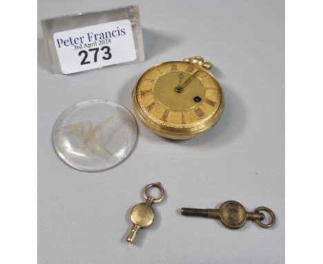 19th century 18ct gold keyless fusee movement open face pocket watch with engine turned case and Roman dial. 59g approx. (B.P