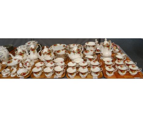 Six trays of Royal Albert English bone china 'Old Country Roses' design items to include: teapots, teacups and saucers, milk 