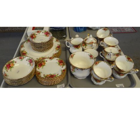 Two trays of Royal Albert 'Old Country Roses' design teaware to include: teacups and saucers, various plates, bowls, lidded s