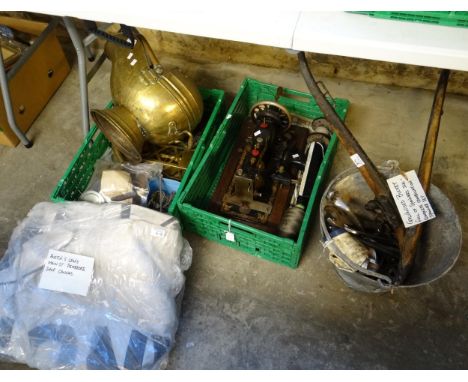 Two crates of items and a metal bucket containing; haines, spanners, Jones sewing machine, child's Bakelite Singer sewing mac
