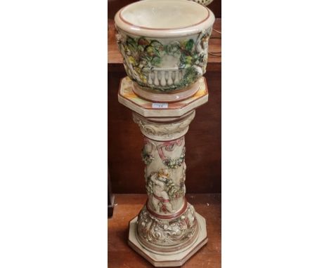 Capodimonte Italian ceramic jardinière on stand. (B.P. 21% + VAT)  Minor paint losses but overall OK.  Jardinière is very cra